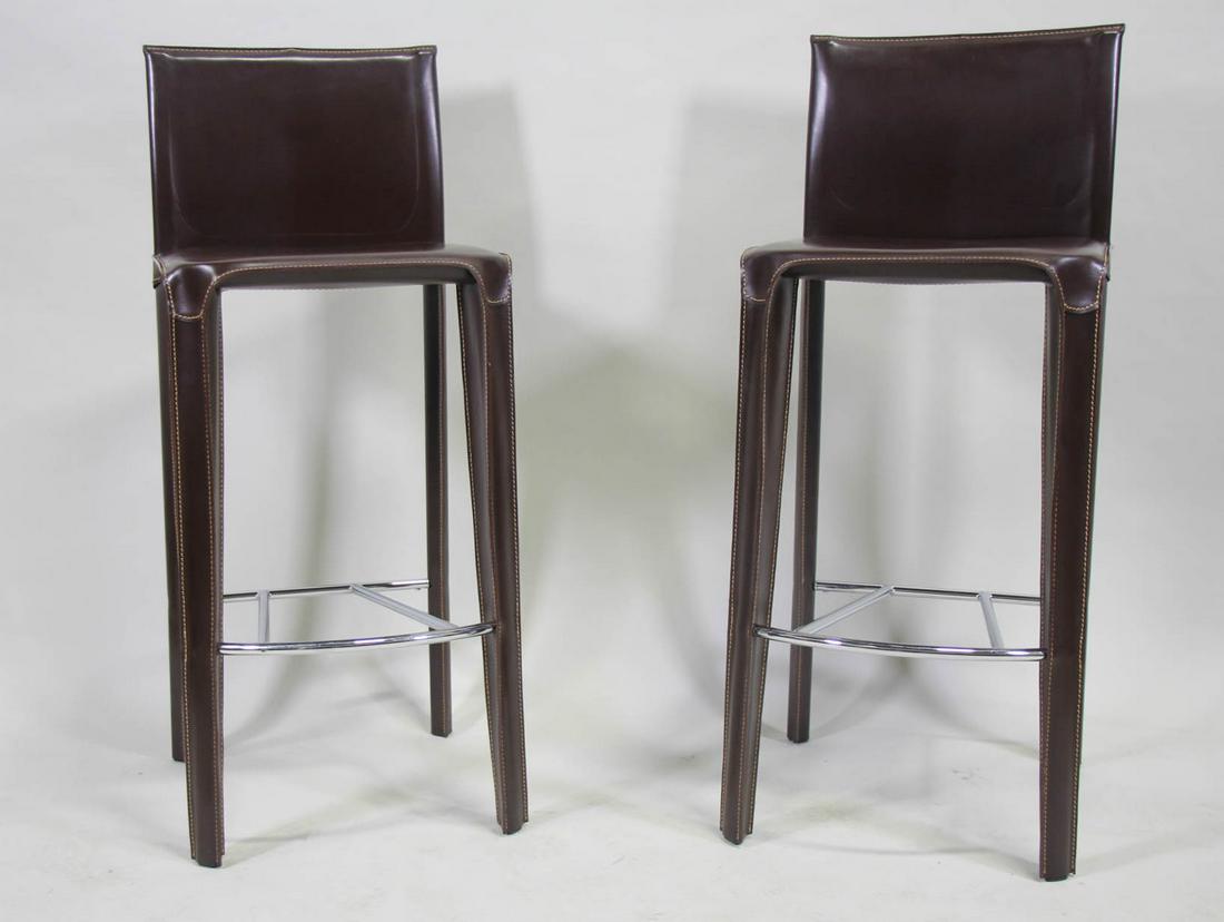 PAIR OF BROWN LEATHER CHROME FRAME BARSTOOLS: PAIR OF BROWN LEATHER CHROME FRAME BARSTOOLS. Height: 42 in. by Width: 18 in. by Depth: 18