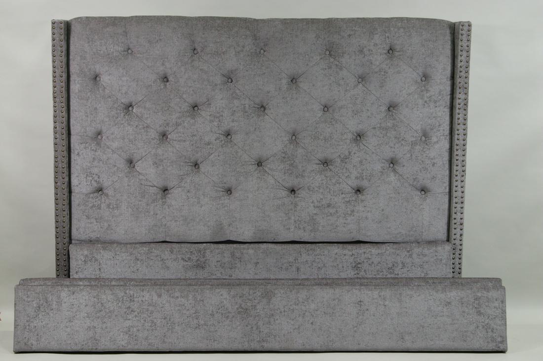 CONTEMPORARY QUEEN GREY BED FRAME: CONTEMPORARY QUEEN GREY BED FRAME UPHOLSTERED IN GRAY VELVET AND BUTTON TUFTED. Height: 54 in. by Width: 70.5 in. by Depth: 7