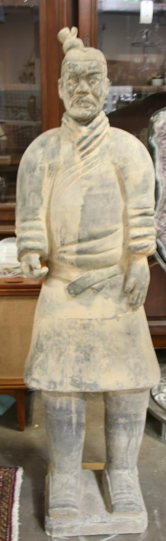 LIFE SIZE TERRACOTTA CHINESE TOMB SOLDIER STATUE: LIFE SIZE TERRACOTTA CHINESE TOMB SOLDIER STATUE Height: 72 in. by Width: 18.5 in. by Depth: 18 in.