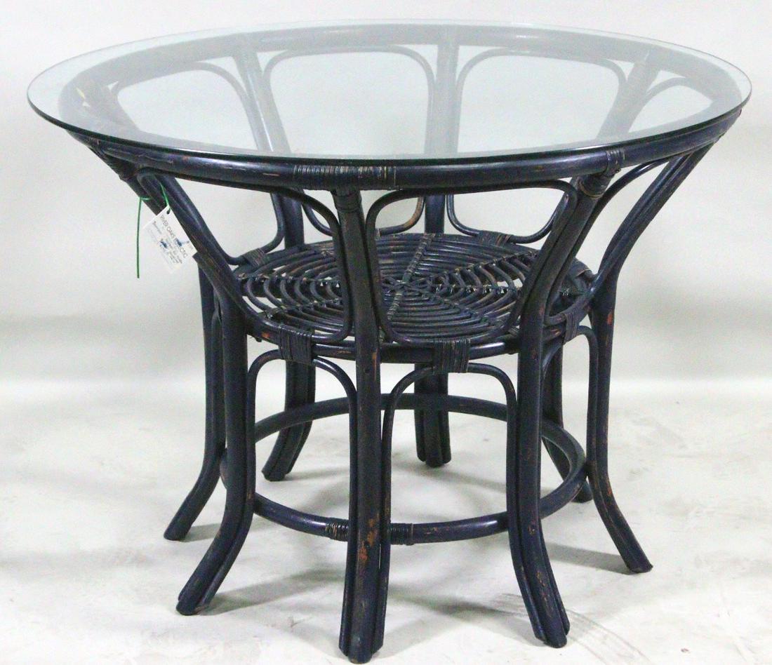 VINTAGE MCGUIRE MID-CENTURY MODERN PATIO TABLE: VINTAGE MCGUIRE MID-CENTURY MODERN RATTAN BASE GLASS TOP PATIO TABLE. Height: 30 in. by Width: 42 in. by Depth: 42 in.