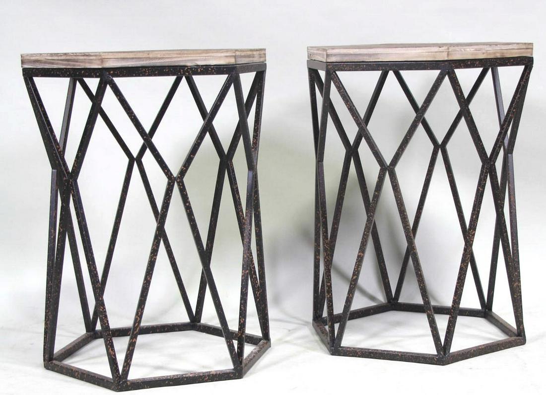 PAIR OF WOOD TOPPED OCCASIONAL TABLES: PAIR OF OCCAISIONAL TABLES WITH WOOD TOPS ON A METAL BASE Height: 23 in. by Width: 18 in. by Depth: 15.5