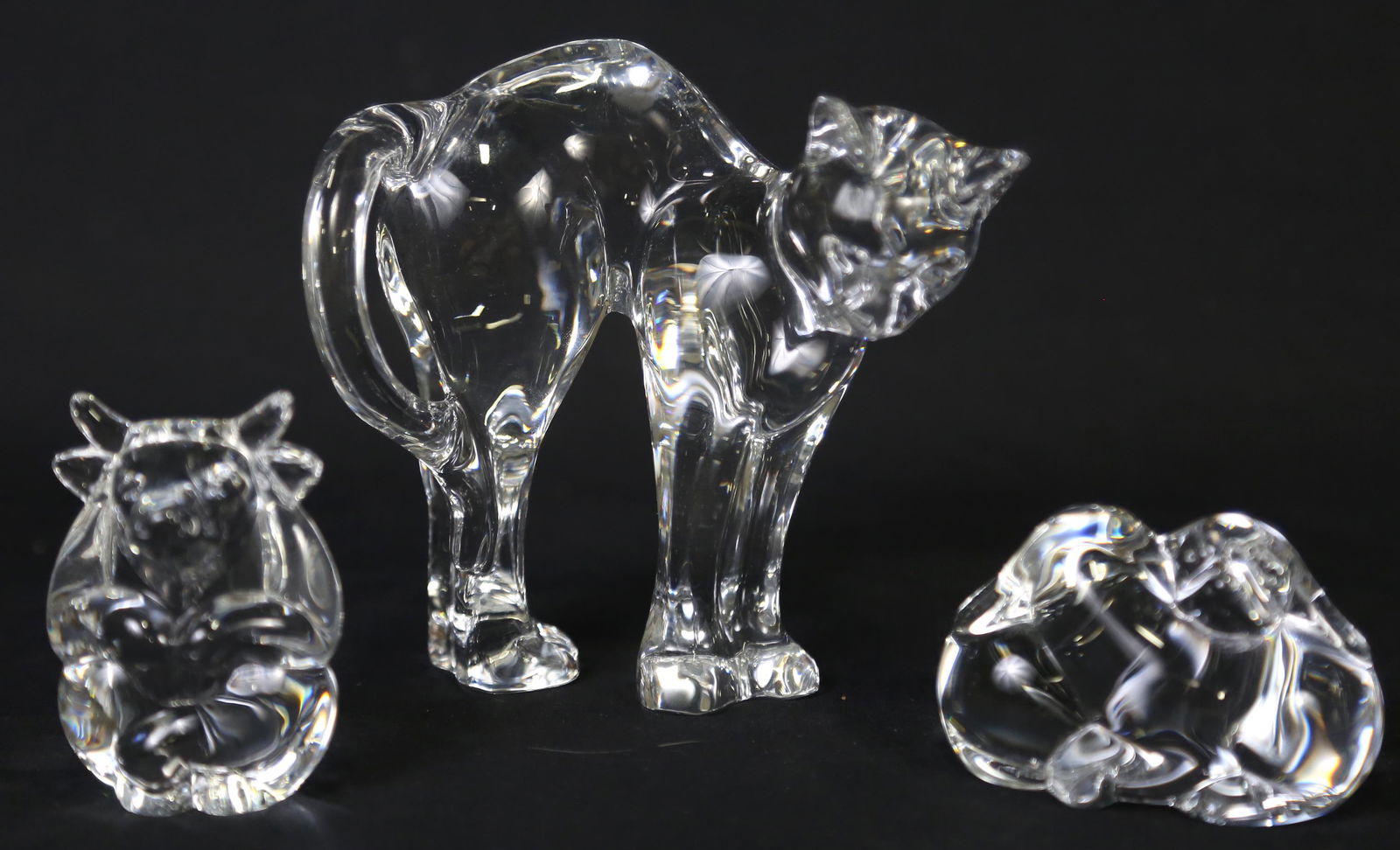 BACCARAT CAT STEUBEN COW AND STEUBEN DOG: BACCARAT CAT, STEUBEN COW AND STEUBEN DOG. Height: 5 & 3 & 2 in. by Width: 5 & 2 & 3 in. by Depth: 3 & 1.5 & 1 3/4 in.