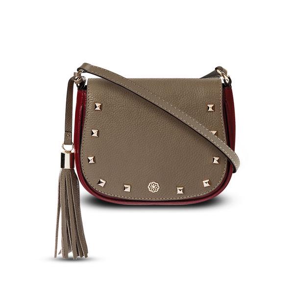 CRISTINA SABATINI INDRA CROSSBODY HANDBAG: CRISTINA SABATINI INDRA MUSHROOM & RUBY RED LEATHER CROSSBODY HANDBAG
