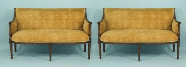 PAIR OF ANTIQUE FRENCH DIRECTOIRE STYLE SETTEES: PAIR OF ANTIQUE FRENCH DIRECTOIRE STYLE SETTEES IN MUSTARD VELVET UPHOLSTERY. Height: 36 in. by Width: 55 in. by Depth: 24 in.