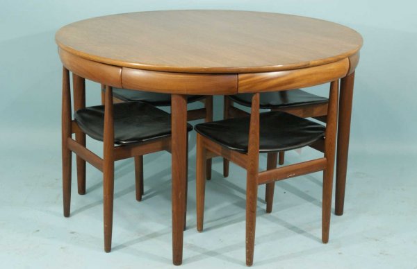 FIVE-PIECE DANISH MODERN DINING SET BY FREM ROJLE: FIVE-PIECE DANISH MODERN DINING SET BY FREM ROJLE, DENMARK. CHAIRS ARE 29 BY 20 BY 16 IN. Height: 30 in. by Width: 48 in. by Depth: 48 in.