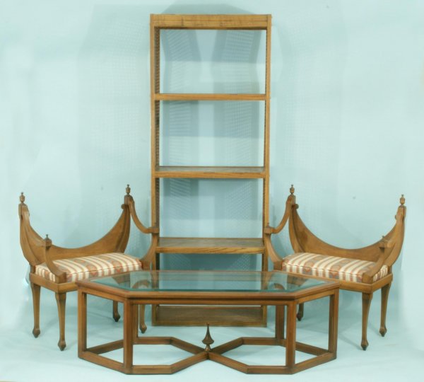 COFFEE TABLE, TWO ARMCHAIRS, BOOK SHELF: MIXED LOT OF TWO ARMCHAIRS, COFFEE TABLE AND CANE BOOK SHELVES. Height: 78 and 36 and 18 in. by Width: 30 and 31 and 60 in. by Depth: 14 and 16 and 23 in.