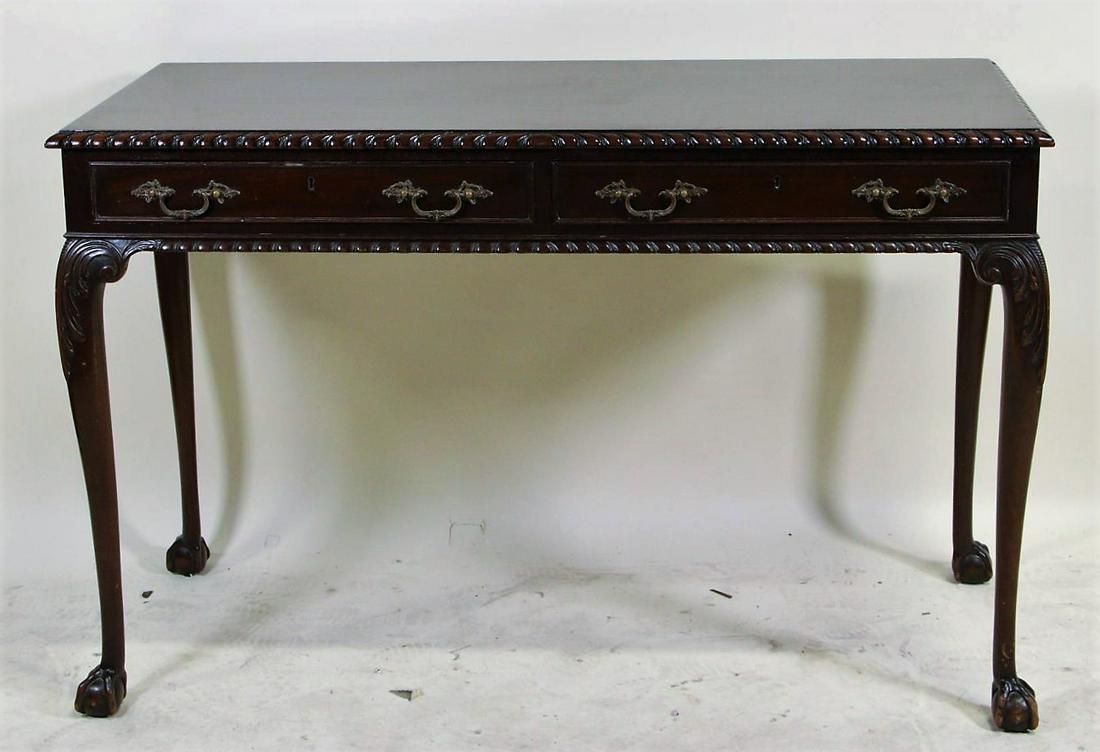CIRCA 1900 CHIPPENDALE STYLE MAHOGANY DESK: CIRCA 1900 CHIPPENDALE STYLE MAHOGANY DESK ON BALL AND CLAW FEET WITH TWO DRAWERS. Height: 30 by Width: 47 by Depth: 33.5