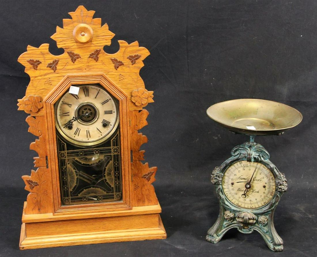 ANTIQUE OAK MANTLE CLOCK AND CAST IRON SCALE (1 of 2)