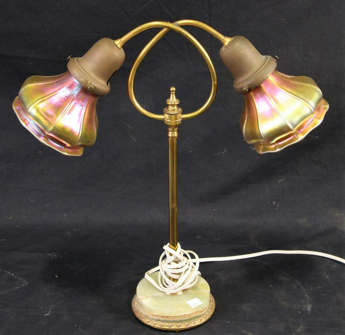 ANTIQUE BRASS TABLE LAMP WITH STEUBEN GLASS SHADES (1 of 3)