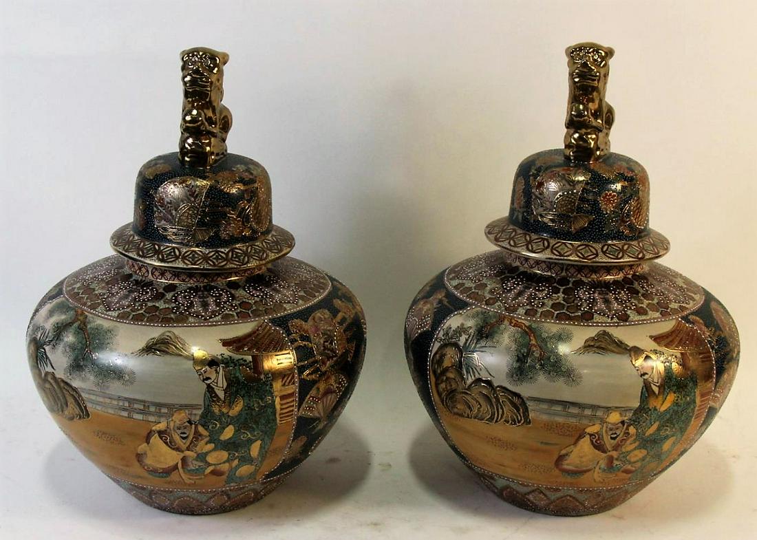 PAIR OF JAPANESE SATSUMA LIDDED URNS (1 of 6)