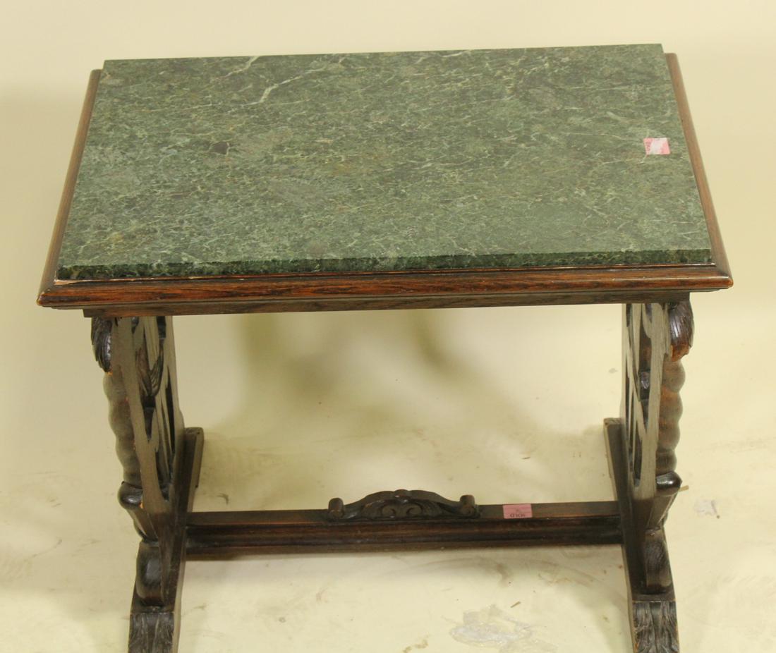 CIRCA 1920's CARVED OAK MARBLE TOP COFFEE TABLE (1 of 5)