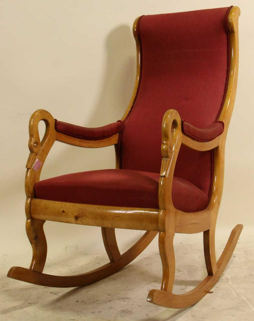 CIRCA 1900's BIRCH EMPIRE STYLE ROCKING CHAIR: CIRCA 1900's BIRCH EMPIRE STYLE ROCKING CHAIR. Height: 41 by Width: 23 by Depth: 36.5
