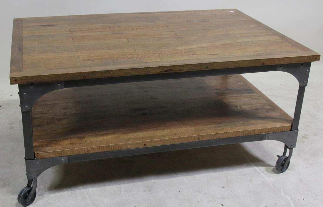 WOOD AND METAL COFFEE TABLE ON WHEELS (1 of 2)