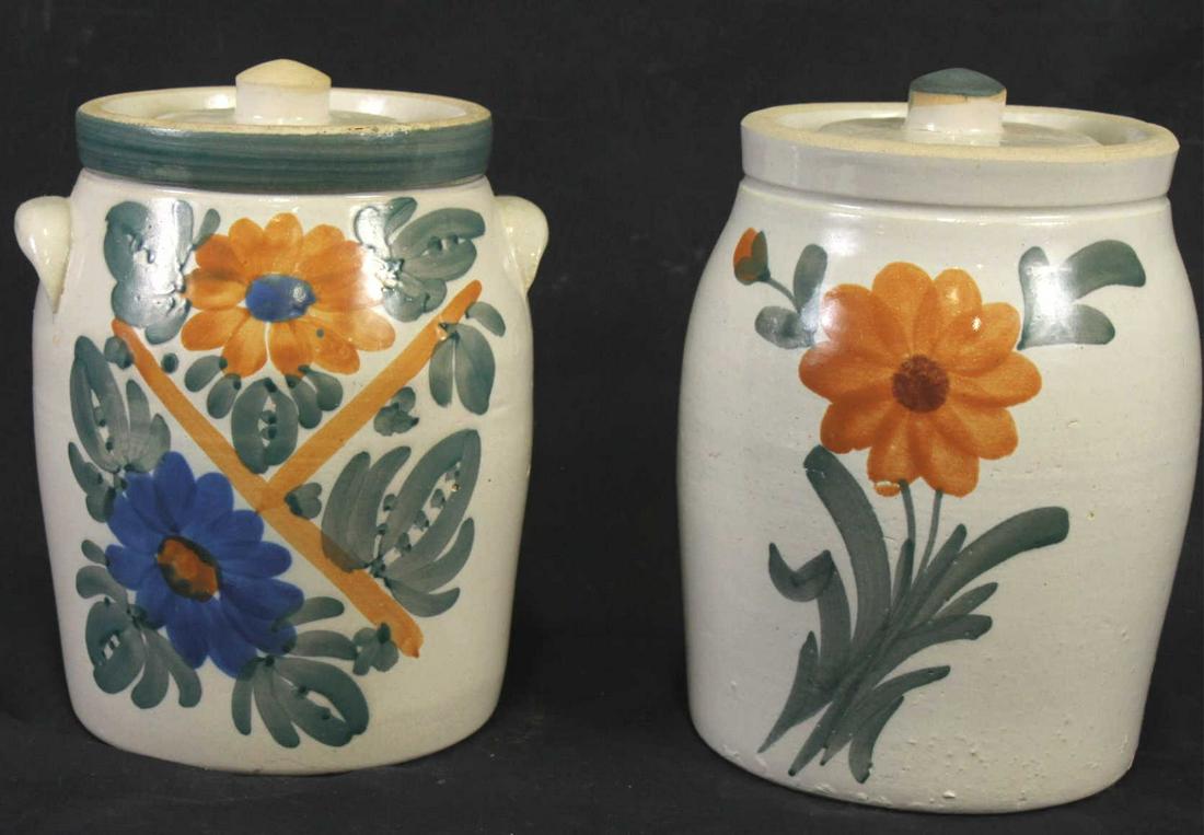 PAIR OF GLAZED CERAMIC JARS WITH LIDS (1 of 2)