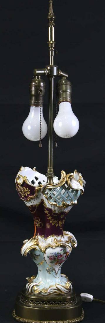 ANTIQUE FRENCH BAROQUE PORCELAIN PASTE URN VASE: ANTIQUE FRENCH BAROQUE PORCELAIN PASTE URN VASE NOW A LAMP. Height: 29.5 by Width: 7 by Depth: 7 in.