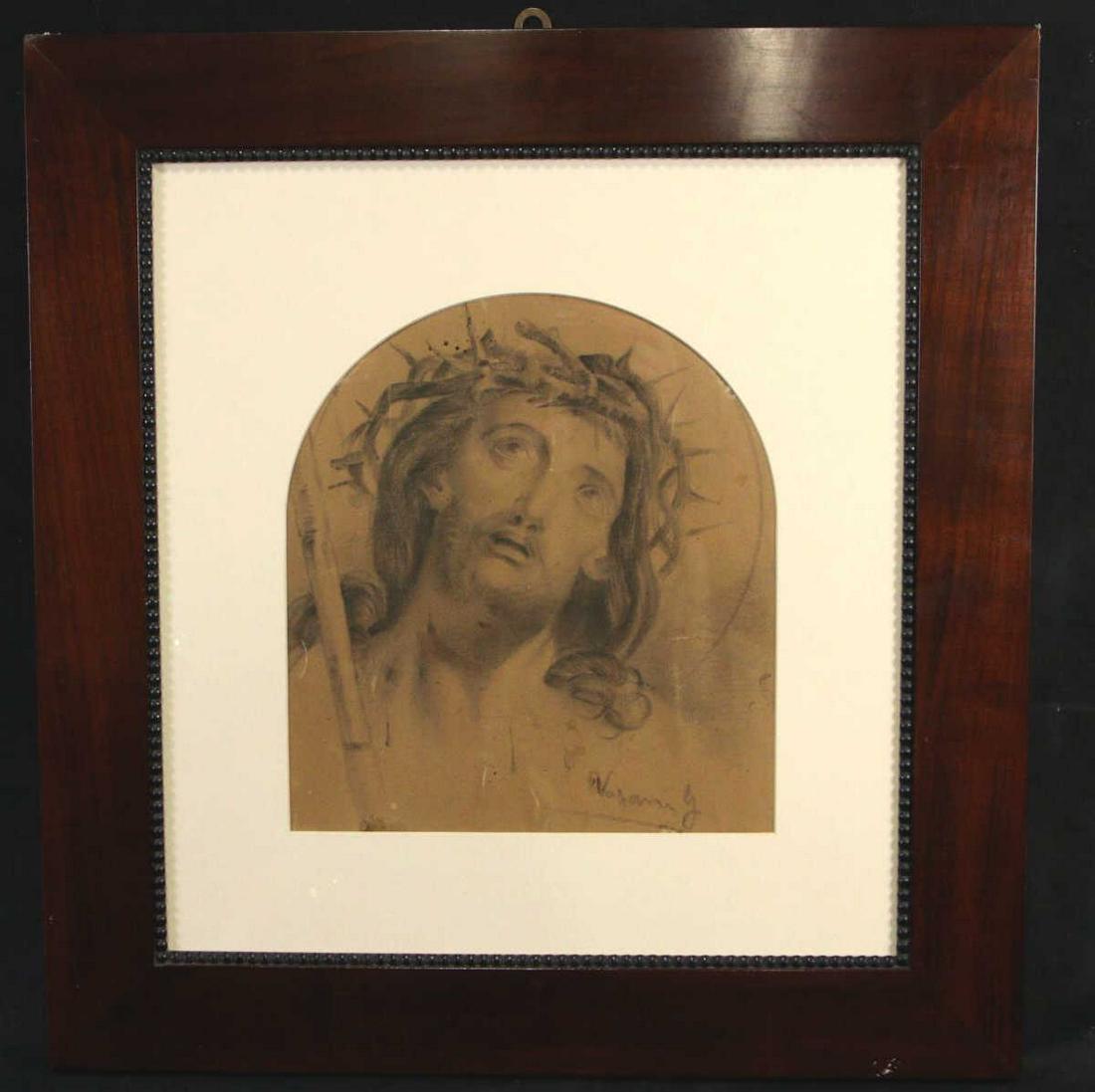 FRAMED 19th CENTURY PENCIL DRAWING OF JESUS (1 of 2)