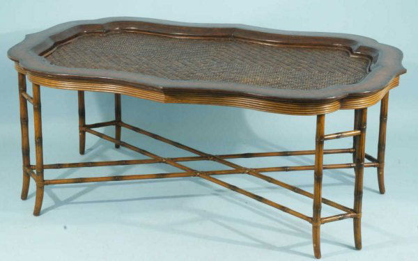 COFFEE TRAY TABLE BY MAITLAND-SMITH: LEATHER AND WOVEN RATTAN COFFEE TRAY TABLE WITH FAUX BAMBOO BASE AND X-STRETCHER BY MAITLAND-SMITH. Height: 22 1/2 in. by Width: 56 in. by Depth: 36 in.