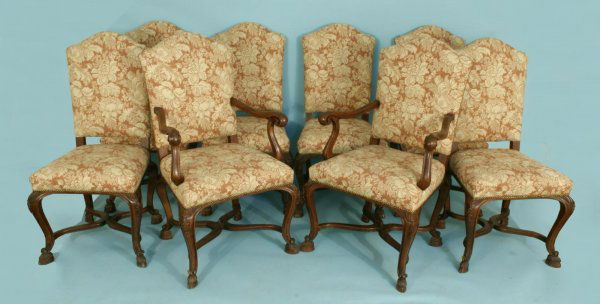 SET OF EIGHT FRENCH STYLE DINING CHAIRS: SET OF EIGHT FRENCH STYLE DINING CHAIRS WITH HOOF FEET. TWO ARMCHAIRS AND SIX SIDE CHAIRS. SEAT HEIGHT: 21 IN. Height: 44 in. by Width: 25 1/2 in. by Depth: 22 in.