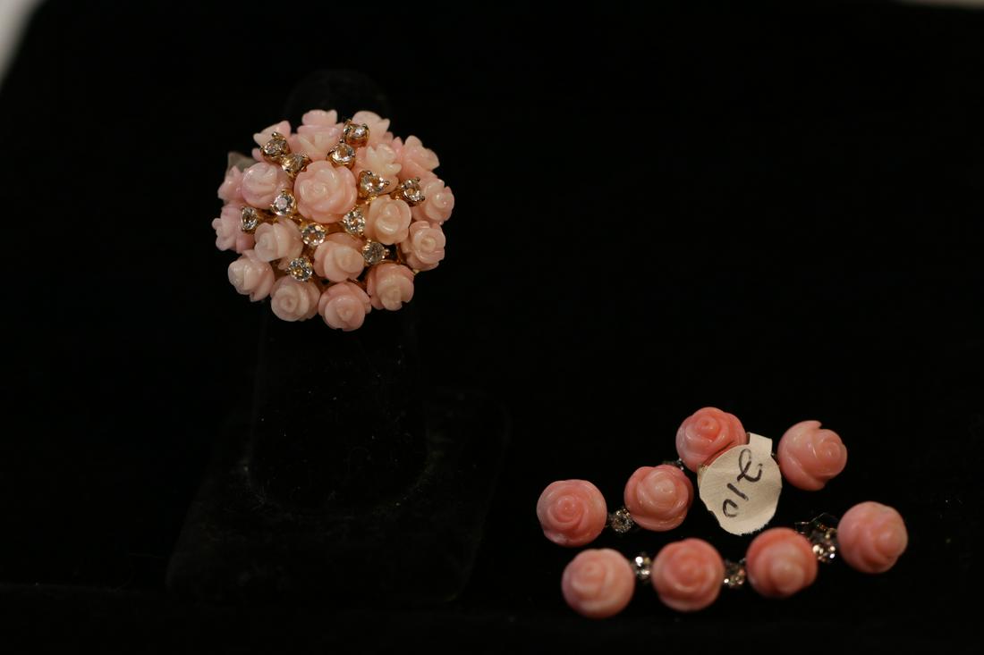 GOLD PLATED CORAL NECKLACE, CZ RING, EARRING SET: GOLD PLATED CORAL NECKLACE, CZ RING, EARRING SET