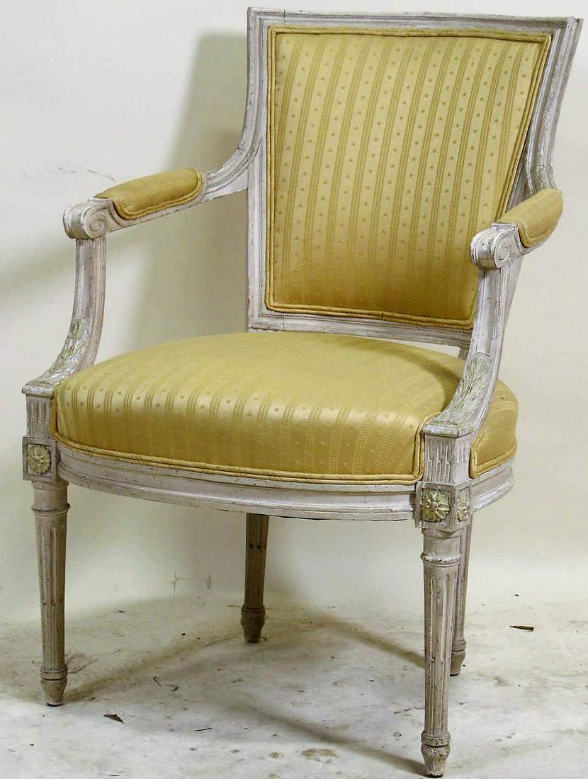 ANTIQUE FRENCH ARMCHAIR: ANTIQUE FRENCH ARMCHAIR. Height: 34 in. by Width: 23 in. by Depth: 19 in.