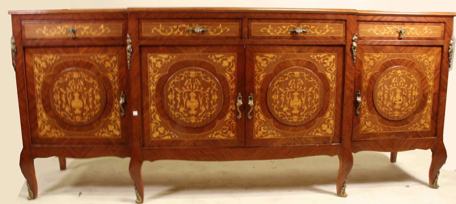 VINTAGE CIRCA 1940's ITALIAN INLAID SIDEBOARD: VINTAGE CIRCA 1940's ITALIAN KINGWOOD INLAID SIDEBOARD WITH FOUR DOORS OVER FOUR DRAWERS. Height: 38.5 in. by Width: 89 in. by Depth: 21.5 in.