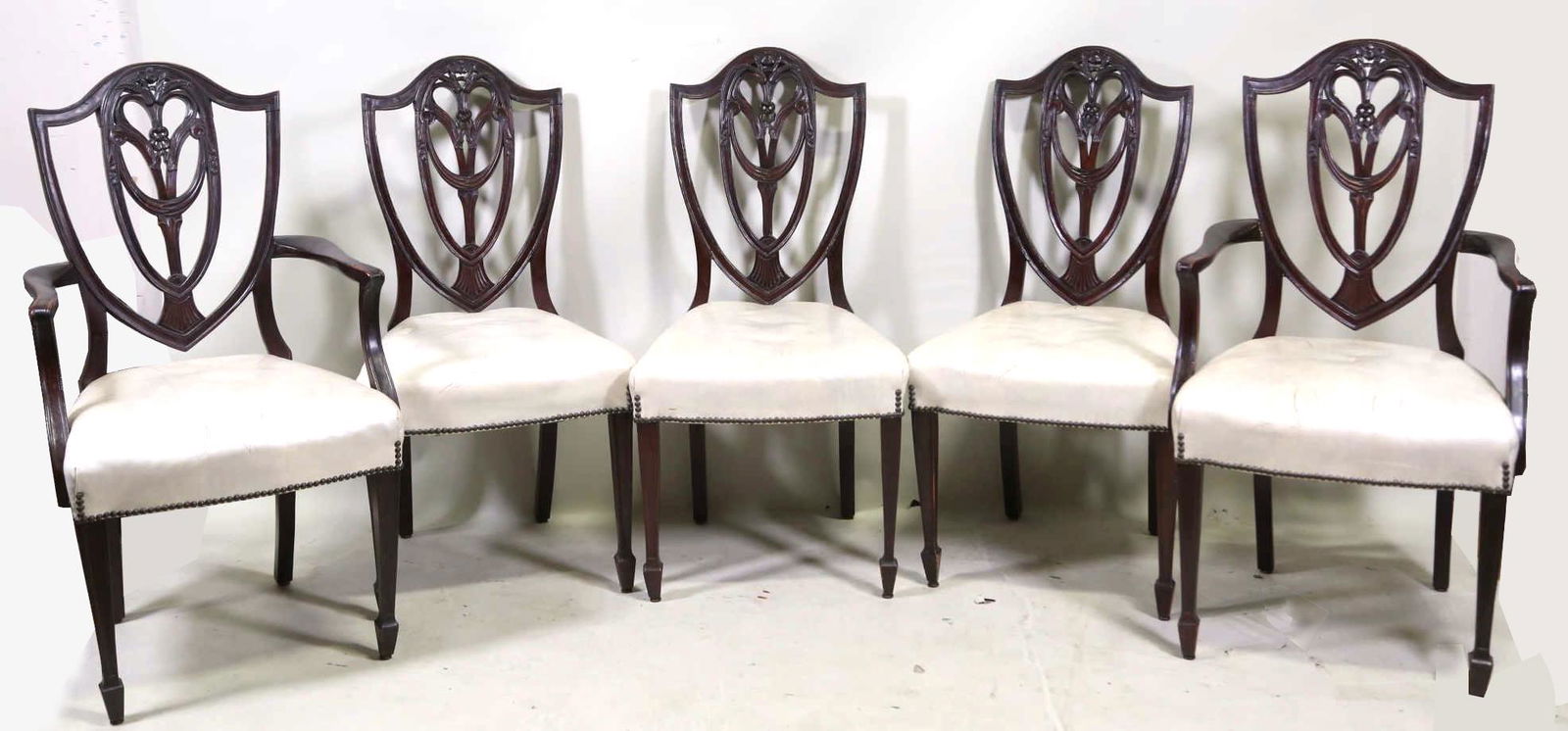 SET OF SIX ANTIQUE SHIELDBACK DINING CHAIRS: SET OF SIX ANTIQUE SHIELDBACK DINING CHAIRS. TWO ARM AND FOUR SIDE. Height: 39.5 in. by Width: 20.5 in. by Depth: 18 in.
