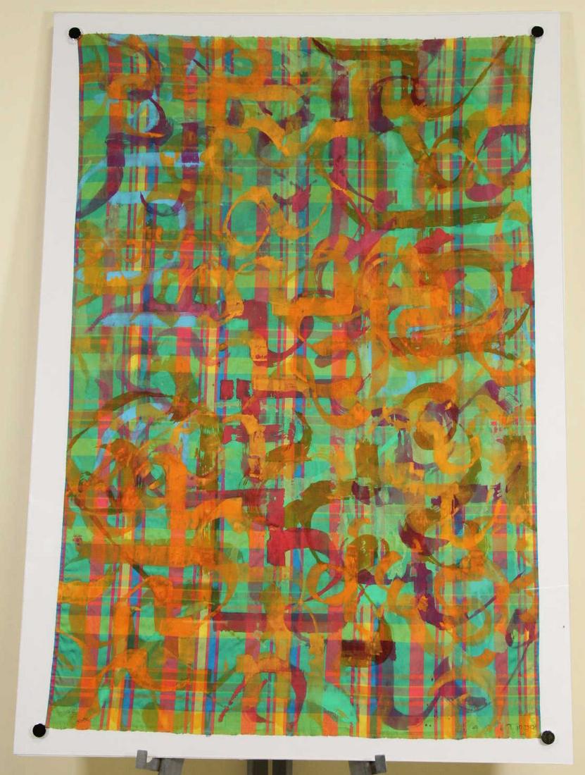 MICHAEL TRACY ABSTRACT PAINTING ON INDIA SILK: MICHAEL TRACY ABSTRACT PAINTING ON INDIA SILK. These are original Works from the Series of prayers and blessing by Michael Tracy done in India. Height: 57 in. by Width: 40