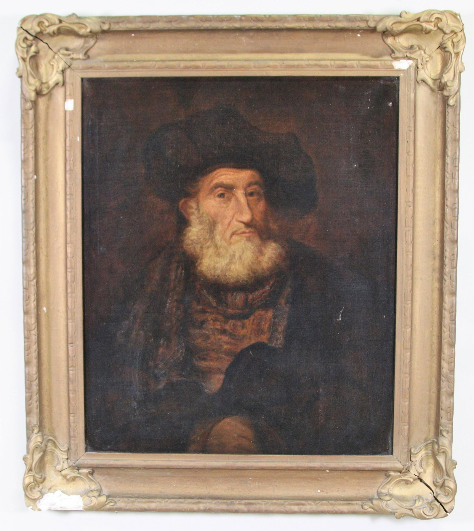19th CENTURY HOMAGE TO REMBRANDT OIL ON CANVAS PAINTING: HOMAGE TO REMBRANDT 19th CENTURY OIL ON CANVAS PAINTING PAINTING IN 17th CENTURY STYLE - PORTRAIT OF A BEARDED GENTLEMAN. POSSIBLE SELF PORTRAIT Height: 34 in. by Width: 39