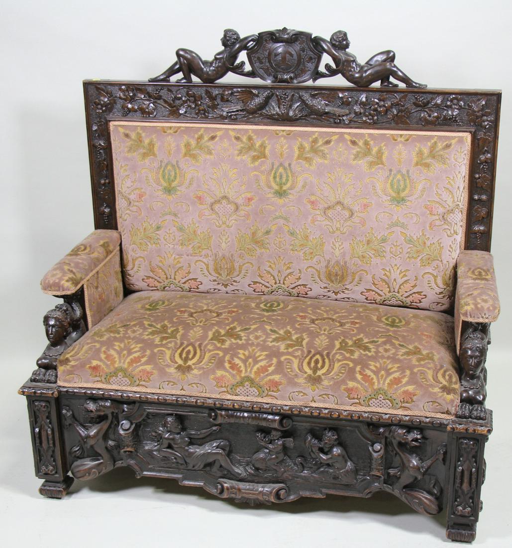 19th CENTURY RENAISSANCE REVIVAL LOVESEAT: 19th CENTURY RENAISSANCE REVIVAL LOVESEAT. Height: 46 in. by Width: 47 in. by Depth: 24 in.