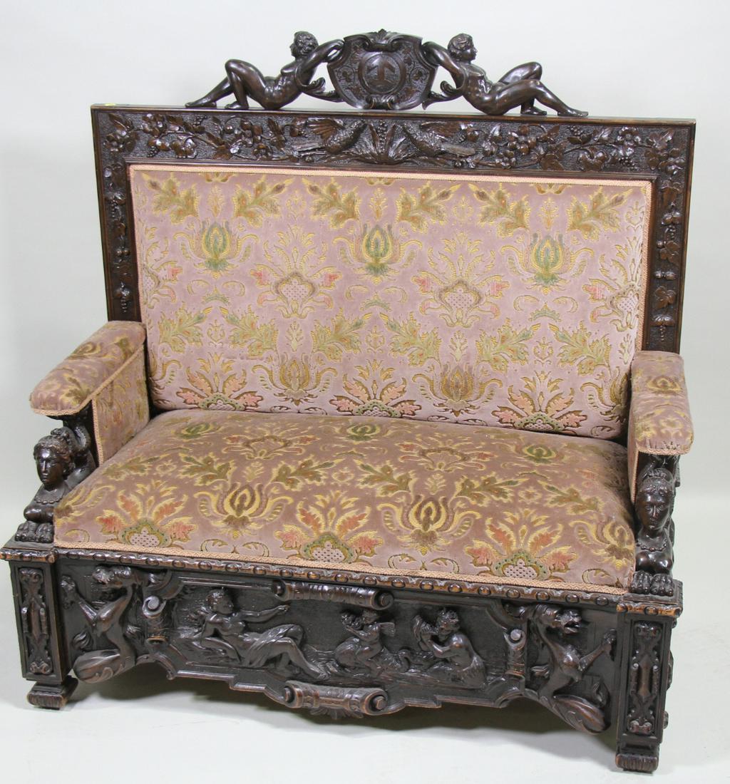 19th CENTURY RENAISSANCE REVIVAL LOVESEAT: 19th CENTURY RENAISSANCE REVIVAL LOVESEAT. Height: 46 in. by Width: 47 in. by Depth: 24 in.