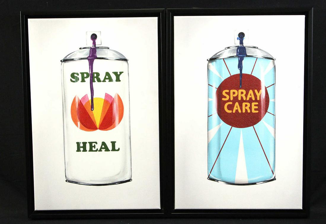PAIR OF POP ART SPRAY CAN 1: PAIR OF POP ART SPRAY CAN 1. SPRAY HEAL AND SPRAY CARE. Height: 19.5 in. by Width: 13.5 in.