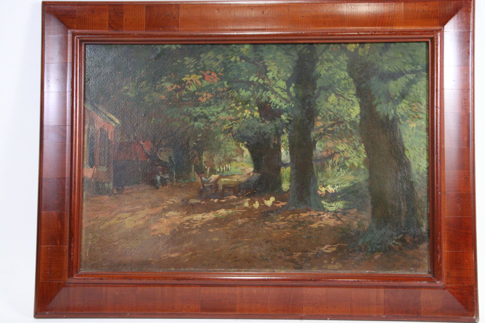 SHADED FARM YARD OIL ON PANEL PAINTING: SHADED FARM YARD OIL ON PANEL PAINTING. Height: 21 in. by Width: 29 in.