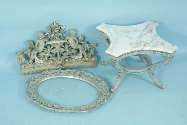 WOOD CARVED BED CROWN, TABLE, OVAL TRAY: WOOD CARVED BED CROWN, TABLE, OVAL PERFUME TRAY. Height: 15 1/2 and 17 1/2 and 28 in. by Width: 21 and 27 and 21 1/2 in. by Depth: 21 and 3 and 2 in.