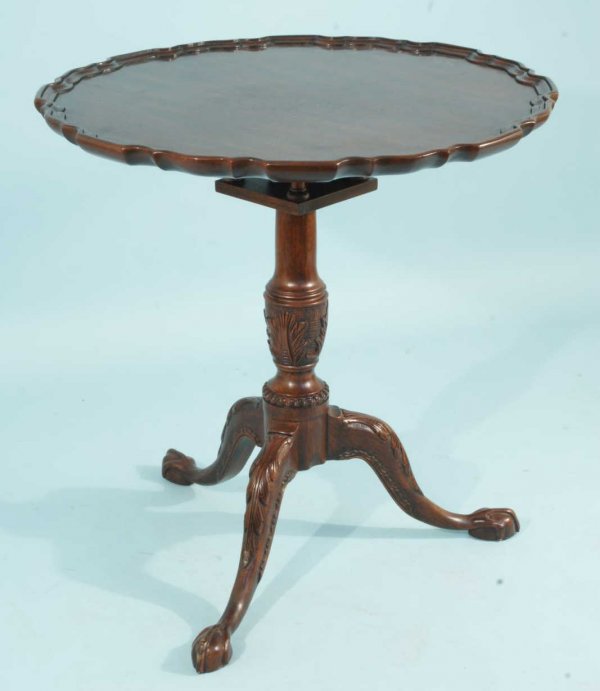 THE HERITAGE COLLECTION PIECRUST TILT-TOP TABLE: MAHOGANY HENKEL HARRIS PIECRUST TILT-TOP TABLE WITH BALL AND CLAW FEET. FROM THE HERITAGE COLLECTION. Height: 28 in. by Width: 27 in. by Depth: 27 in.