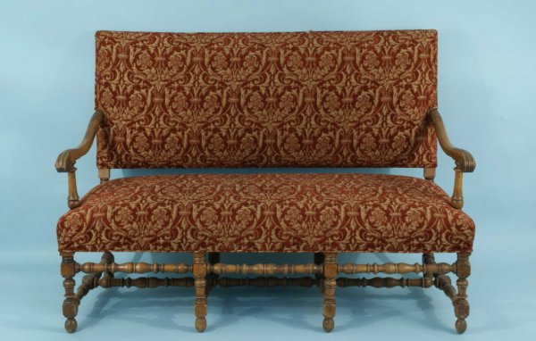 ANTIQUE 19th CENTURY SETTEE IN GOLD AND RED: ANTIQUE FRENCH SETTEE IN GOLD & RED UPHOLSTERY. 19th CENTURY. Height: 43 in. by Width: 60 in. by Depth: 27 in.