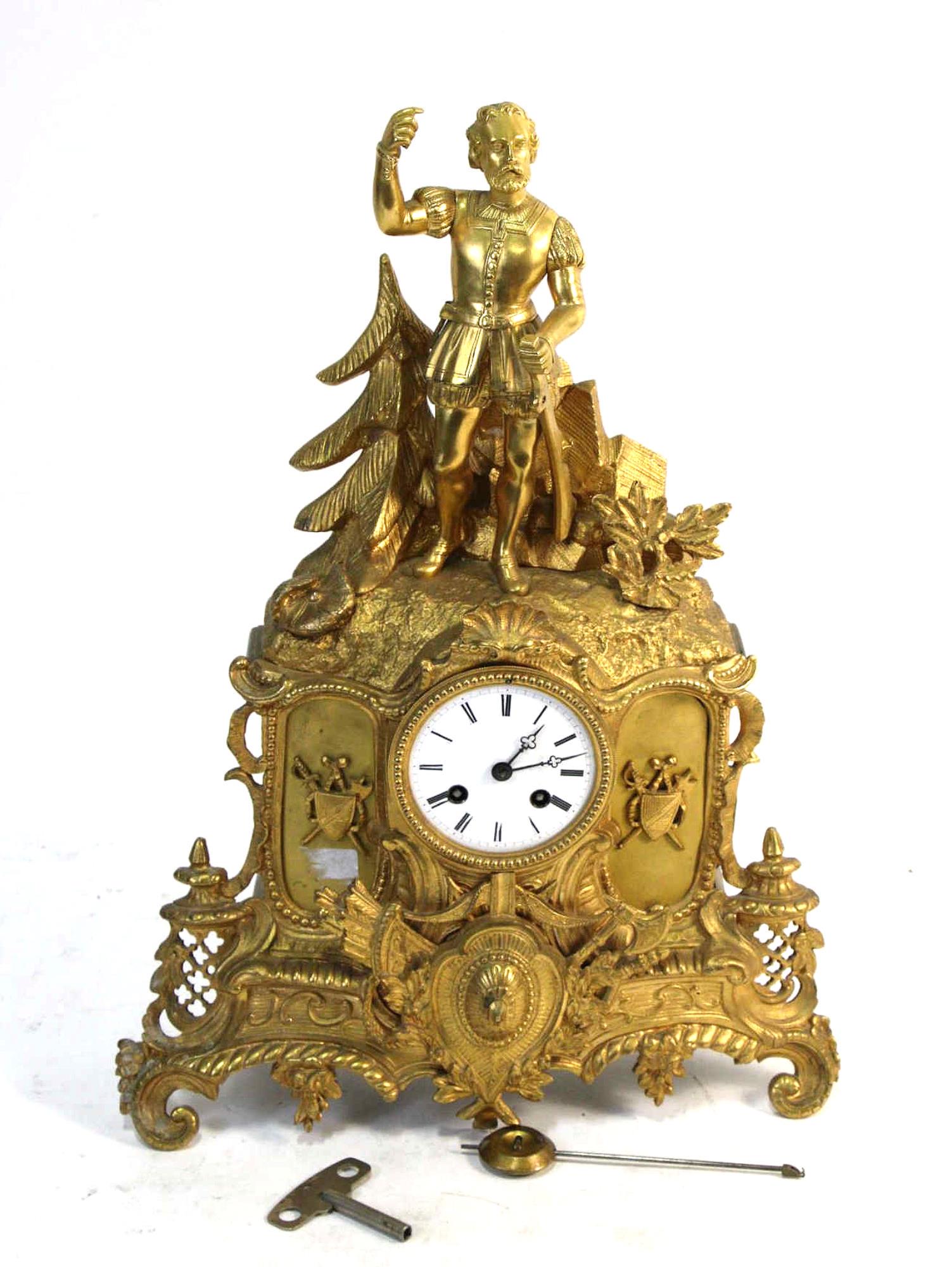 19th CENTURY FRENCH GILT BRONZE MANTEL CLOCK: 19th CENTURY FRENCH GILT BRONZE MANTEL CLOCK. Height: 19 in. by Width: 14 in. by Depth: 5 IN.