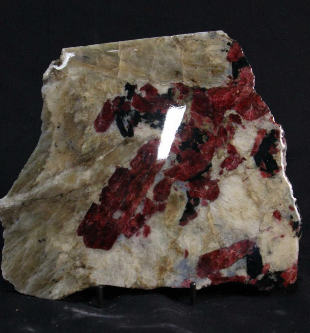 POLISHED GRANITE SLICE WITH RHODONITE: POLISHED GRANITE SLICE WITH RHODONITE - (OT19) 1.0 LBS Height: 6.5 in. by Width: 8 in. by Depth: .25