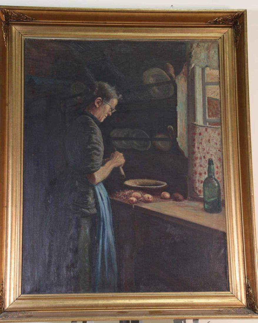 19th CENTURY WOMAN IN KITCHEN OIL ON CANVAS PAINTING (1 of 7)