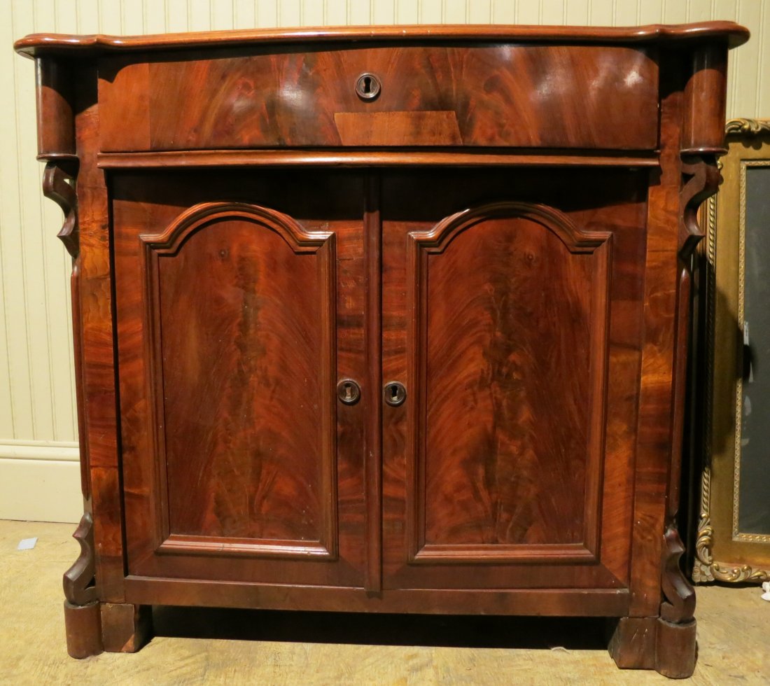 ANTIQUE BURLED MAHOGANY CHEST WITH ONE DRAWER (1 of 5)