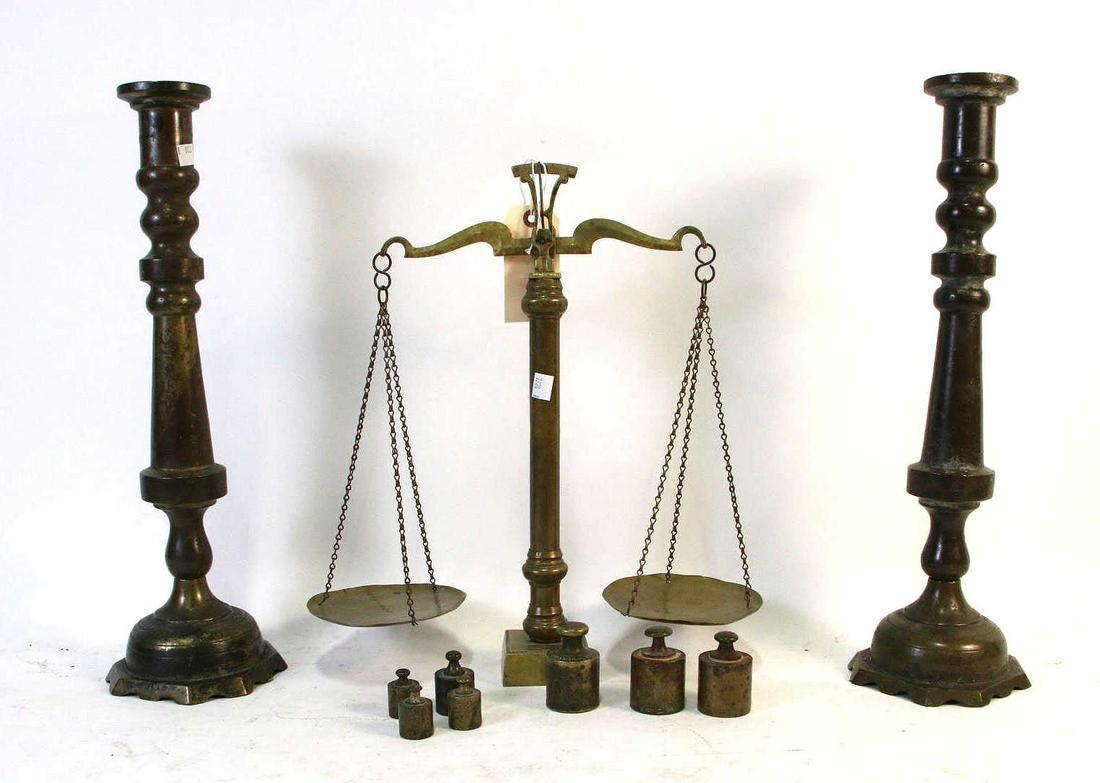 19th CENTURY BRASS SCALE & WEIGHTS & CANDLESTICKS (1 of 6)