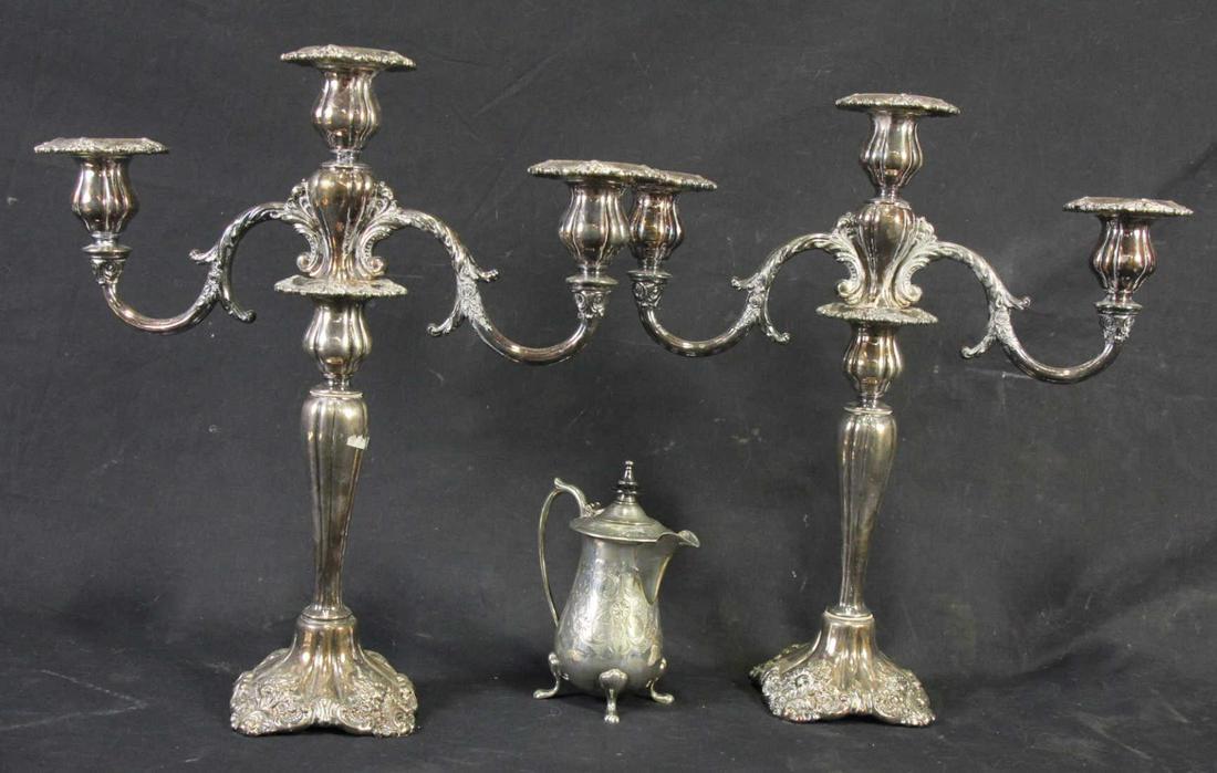 PAIR OF PEWTER THREE LIGHT CANDELABRA & TEAPOT (1 of 3)