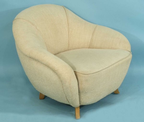 HERMAN MILLER ARMCHAIR DESIGNED BY GILBERT ROHDE: HERMAN MILLER EASY CHAIR DESIGNED BY GILBERT ROHDE UPHOLSTERED IN RAW SILK OVER LACQUERED WOOD. CIRCA 1936. Height: 29 in. by Width: 38 in. by Depth: 34 in.
