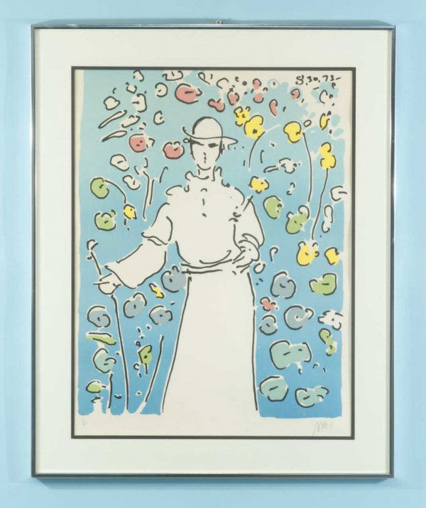 PETER MAX "WOMAN WITH FLOWERS" EDITION 7/150 LITHO: PETER MAX "WOMAN WITH FLOWERS" LITHOGRAPH EDITION NUMBER 7/150. FRAMED AND MATTED, SIGNED IN PENCIL LOWER RIGHT. Height: 24 1/2 in. by Width: 18 1/2 in.