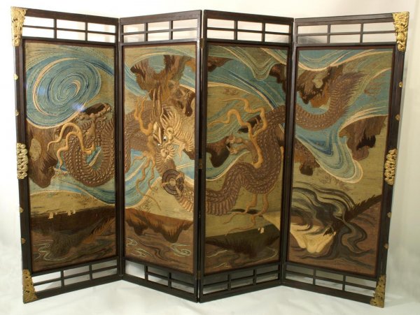 19th C. FOUR PANEL JAPANESE EMBROIDERED SCREEN