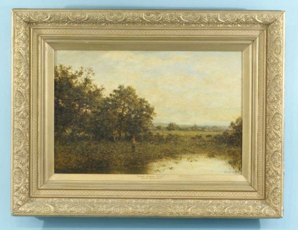 DAVID BATES "EPSOM COMMON, SURREY" OIL ON CANVAS: DAVID BATES (BRITISH b.1840 - d.1921) "EPSOM COMMON, SURREY" OIL ON CANVAS. GILT FRAMED, SIGNED LOWER RIGHT. Height: 16 in. by Width: 24 in.