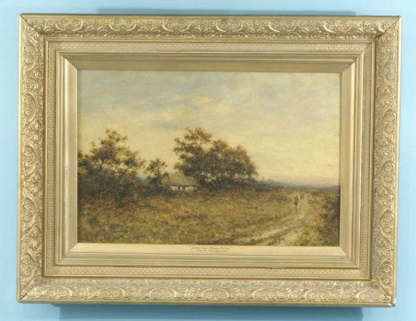 DAVID BATES "LANE NEAR EPSOM, SURREY" OIL / CANVAS: DAVID BATES (BRITISH b.1840 - d.1921) "LANE NEAR EPSOM, SURREY" OIL ON CANVAS. GILT FRAMED, SIGNED LOWER LEFT. Height: 16 in. by Width: 24 in.
