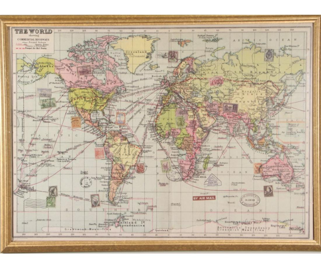 PAIR OF FRAMED WORLD MAPS: PAIR OF FRAMED MAPS - "THE WORLD SHOWING COMMERCIAL HIGHWAYS" & "EUROPE" Height: 22 in. by Width: 30 in.
