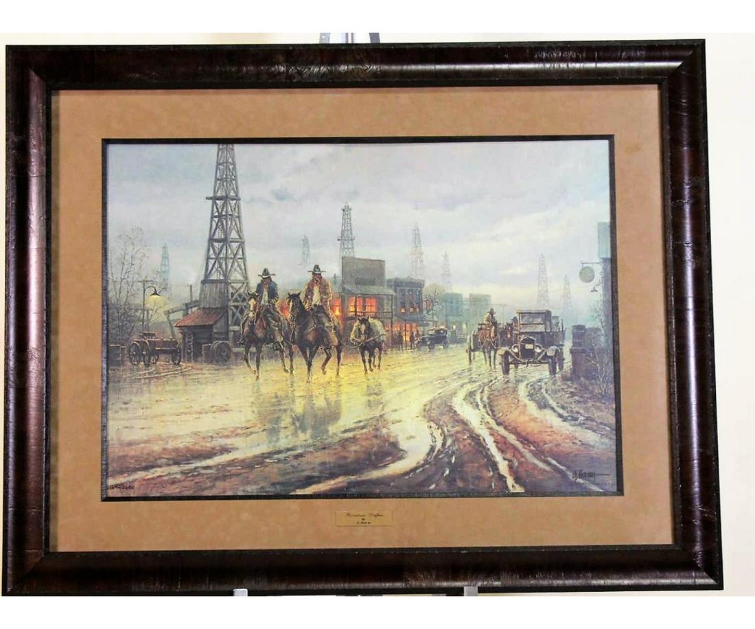 G. HARVEY BOOMTOWN DRIFTERS 1642/2250 SIGNED PRINT: G. HARVEY (TEXAS, 1933-2017) BOOMTOWN DRIFTERS FRAMED AND MATTED SIGNED LIMITED EDITION #1642/2250 PRINT. Height: 30 in. by Width: 38 in.