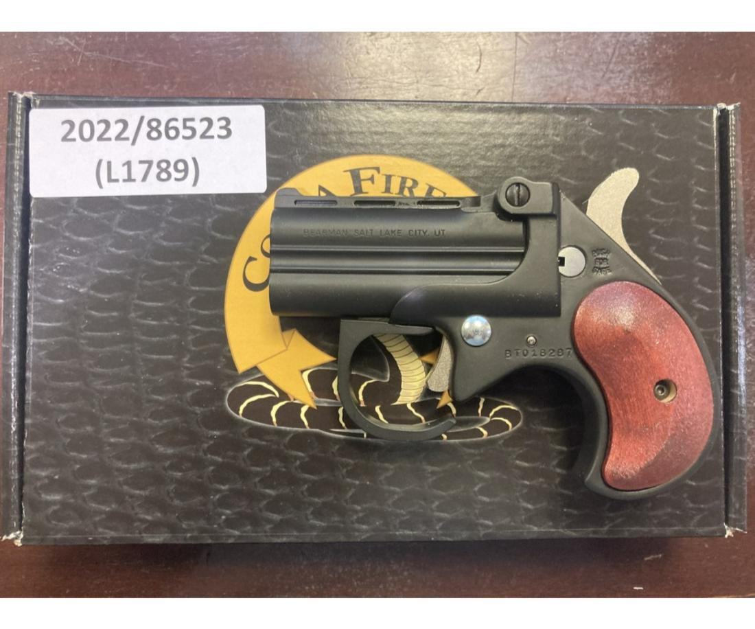 COBRA BIG BORE DERRINGER .22WMR PISTOL (NEW): COBRA BIG BORE DERRINGER .22WMR PISTOL (NEW) - BLACK FINISH W/ROSEWOOD GRIPS, 2.75in BARREL, & 4.65in OAL, CALIBER: .22WMR, SERIAL# BT018527, NEW FIREARM(L1793) in. by Depth: 1