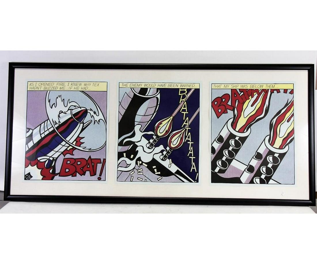 ROY LICHTENSTEIN "AS I OPENED FIRE" TRIPTYCH: ROY LICHTENSTEIN "AS I OPENED FIRE" TRIPTYCH ORIGINAL OFFSET LITHOGRAPH. Height: 33.5 in. by Width: 74 in.